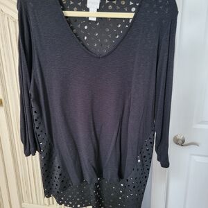 Chico's Black Laser-Cut Long Sleeve V-Neck Tunic